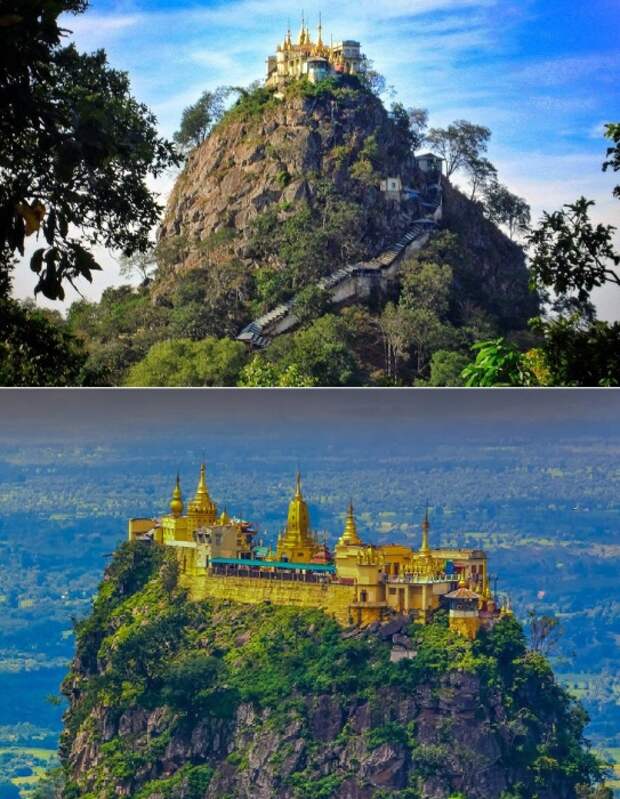 Священный статус горы Popa Taungkalat сделал монастырь самой посещаемой святыней буддистов Мьянмы, да и смельчаки-туристы не обходят его стороной (Taung Kalat).