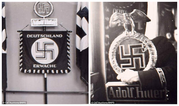 Штандарт полка СС "Германия, пробудись!" (слева), статуя имперского орла со свастикой и надписью "Адольф Гитлер" (справа) адольф гитлер, гитлер, исторические фотографии, ретрофото, фотоальбом