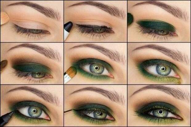 Пошаговый макияж с зелеными тенями