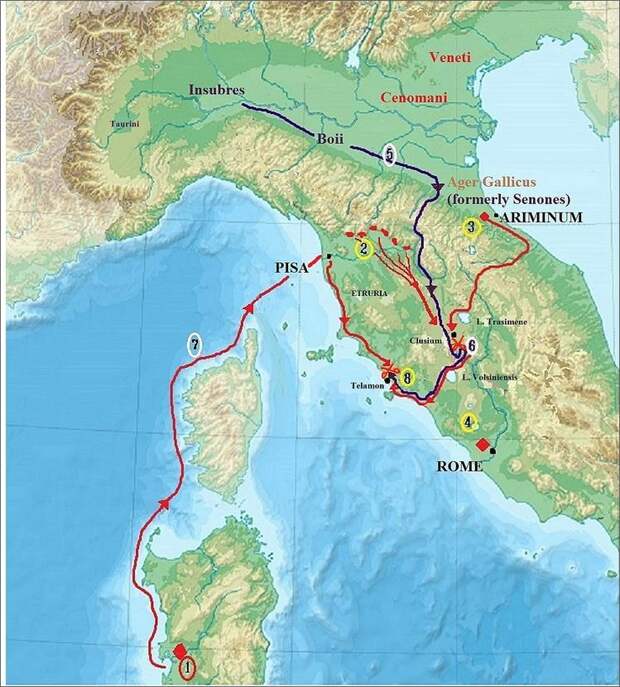 Кампания 225 года до н.э. 1. Консул Гай Атилий Регул со своей армией на Сардинии. 2. Отряды этрусков и сабинов под командованием претора стерегут проходы в Апеннинах. 3. Консул Луций Эмилий Пап со своей армией находится у Аримина. 4. Резервные силы в Риме. 5. Галлы направляются к Аримину, но затем поворачивают на юг и через проходы в Апеннинах вторгаются в Этрурию. 6. У Фезулы галлы наносят поражение ополчению этрусков, остатки которого спасены консулом Папом. Галлы поворачивают на запад и выходят к морскому побережью. Консул идёт за ними. 7. Регул тем временем высаживается со своей армией в Пизе и по Аврелиевой дороге идёт навстречу галлам. 8. Все три армии встречаются у Теламона. - Кельты: Римское завоевание Цизальпинской Галлии | Военно-исторический портал Warspot.ru
