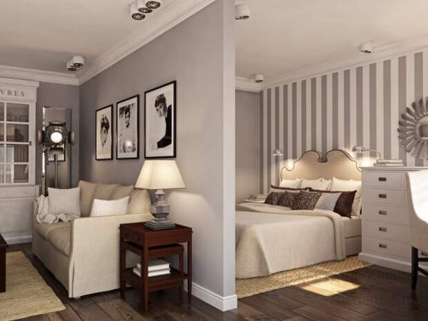 Дизайн гостиной спальни в серых тонах