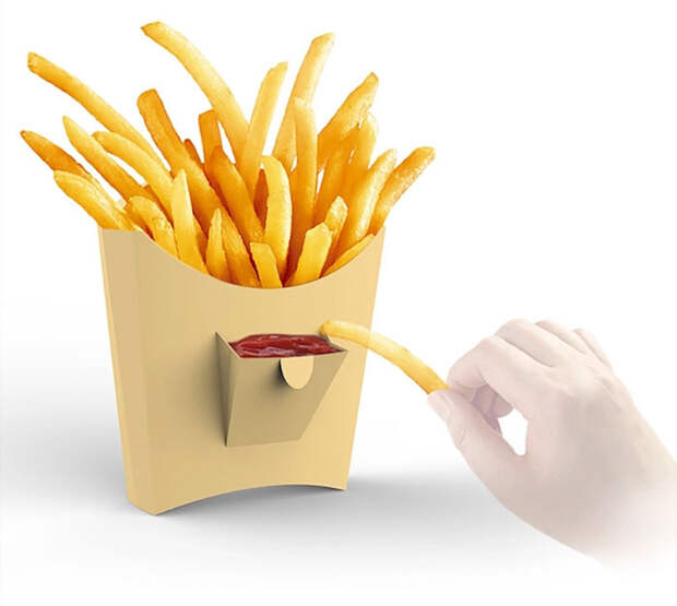 Упаковка для картофеля фри с кармашком для кетчупа A’ Design Award & Competition, дизайн, дизайнерские идеи, дизайнерские решения