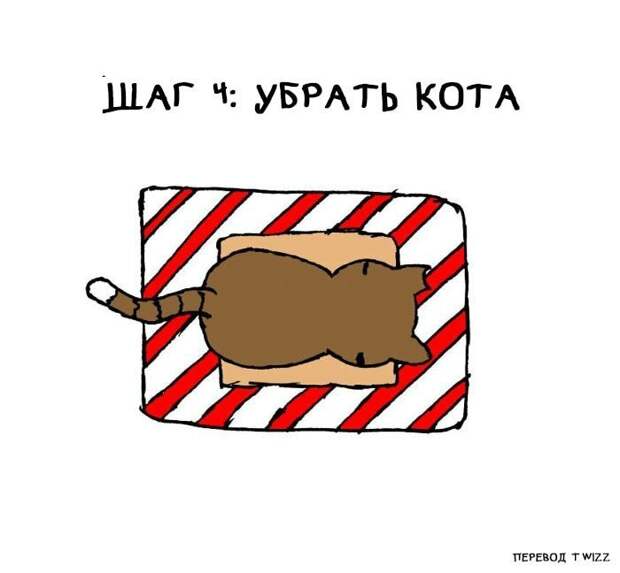 Как завернуть подарки, если у вас есть кот? Пошаговая инструкция от американского художника инструкция, кот, подарок, прикол, рисунок, художник, юмор