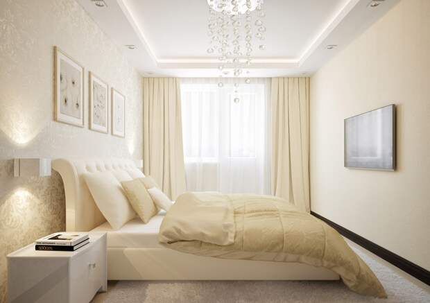 Чтобы спальня визуально казалась больше, ее необходимо оформлять в светлых тонах 