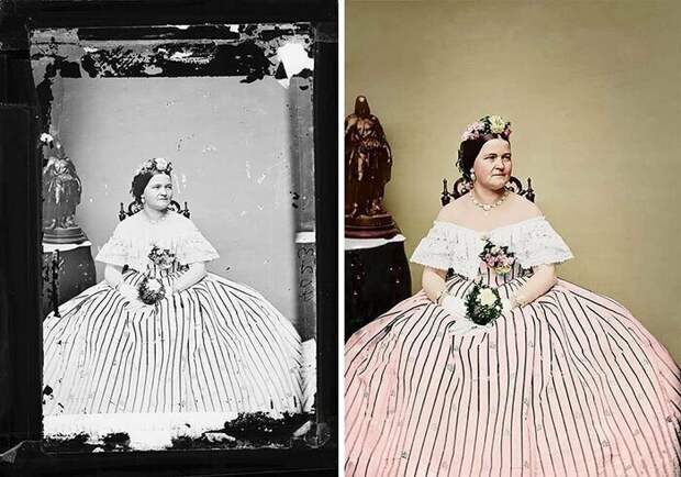 Мэри Тодд, супруга Авраама Линкольна, 1855 год колоризация, мастер, прошлое, реставрация, снимок, фотограф, фотография