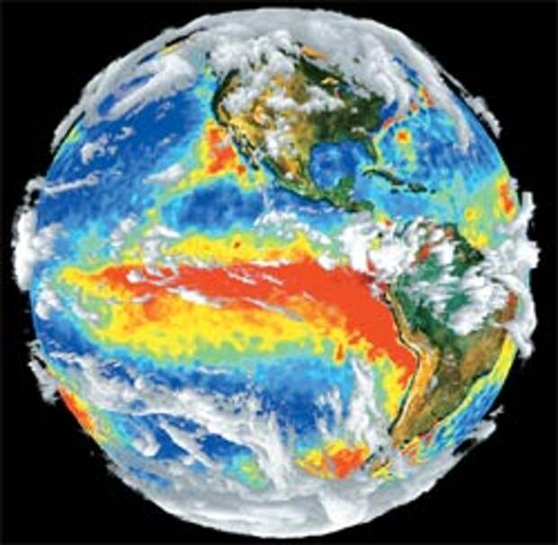 Трехмерное изображение Земли. Красным цветом в центре обозначено течение Эль-Ниньо