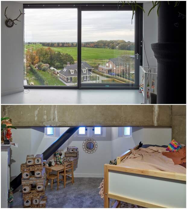 В жилых зонах каждой семьи обустроены детские и игровые комнаты (Watertower Nieuw Lekkerland, Нидерланды).