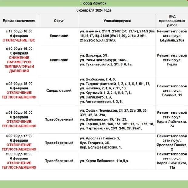 Отопление частично отключат 6 февраля в трех округах Иркутска 1 Отопление частично отключат 6 февраля в трех округах Иркутска