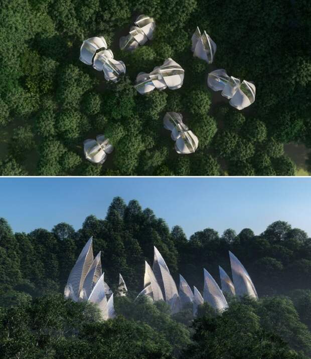 Концептуальный архитектурный проект для экологического туристического комплекса в стиле GLAMPING (концепт студии Veliz Arquitecto). 