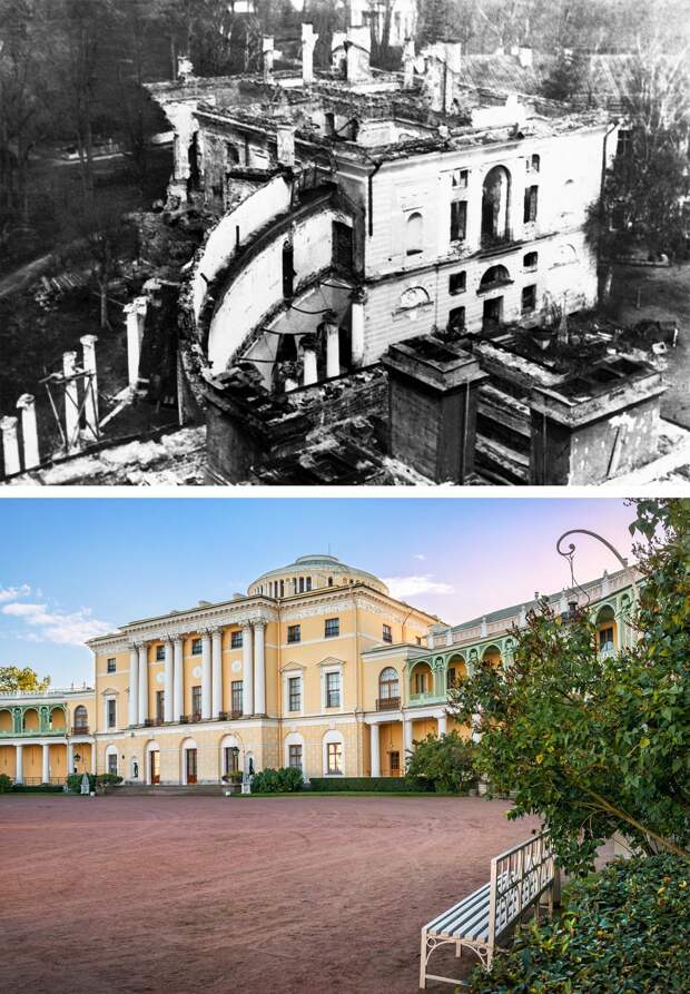 Павловский дворец в 1944 и сейчас