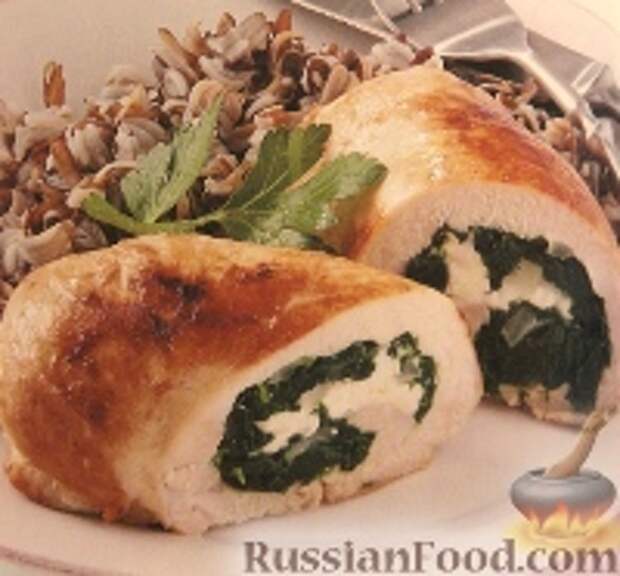 Фото к рецепту: Куриные рулеты со шпинатом
