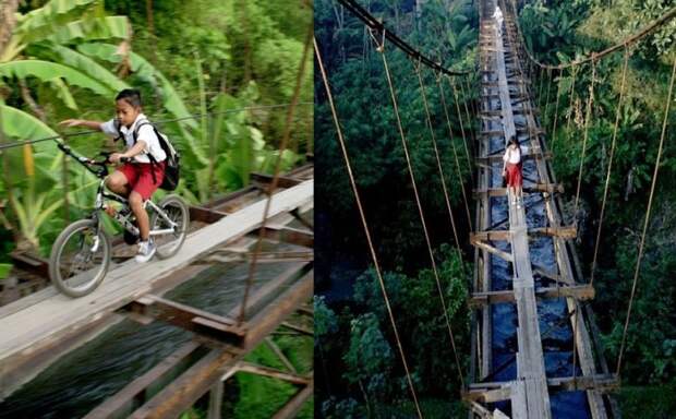 Чтобы не обходить 6 километров, дети переправляются по акведуку. Чтобы не обходить 6 километров, дети переправляются по акведуку.