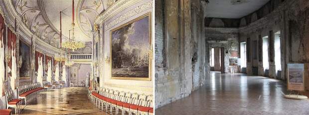 Чесменская галерея (слева - Акварель 1877 года, справа - состояние на 2008 год).