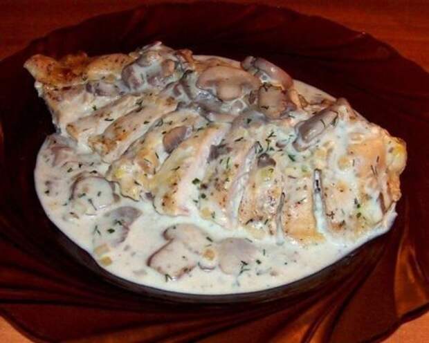 Шампиньоны в сметане с курицей на сковороде 