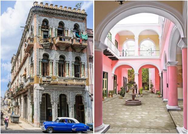 Мавританские ажурные арки и античные колонны украшают дома в Старом городе (La Habana Vieja, Куба).