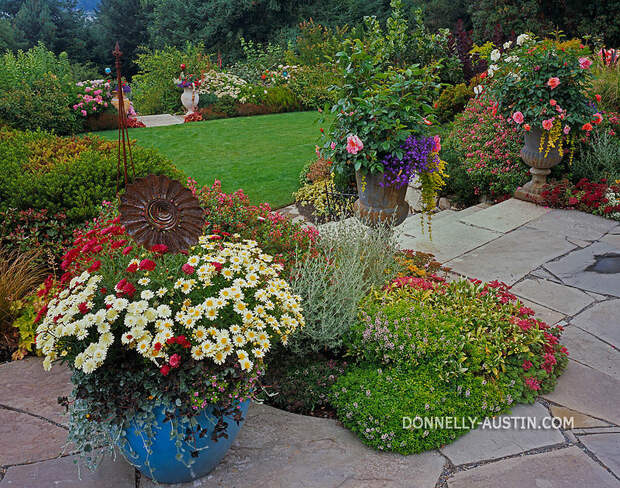 Vashon-Maury Island, WA: Flagstone patio & colorful pot of chyrsanthemums edged by perennial garden beds and stairs leading down to the lawn and tiered garden beds