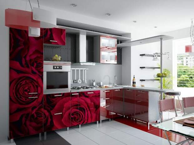 фасад кухни с фотопечатью розы