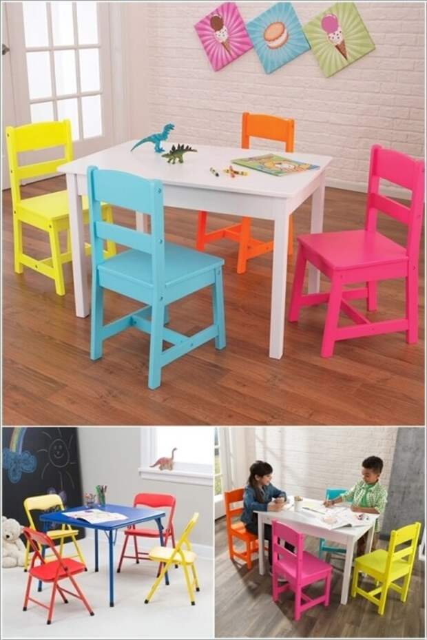 Яркие цвета столиков и стульев, сделанных из натуральной древесины, украсят интерьер любой детской комнаты.