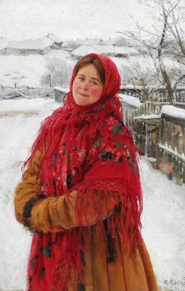 Русская женщина в красном платке на фоне пейзажа. (1923).