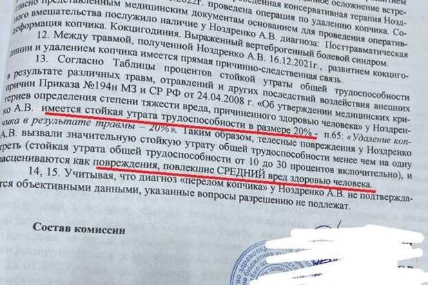 25-летняя терапевт Анна Ноздренко собирается через суд добиваться справедливости. Год назад её избила неизвестная женщина, мотивы драки и связана ли она с медпомощью неизвестно: врач утверждает, что не знает причину, по которой на неё напали, а нападавшая сторона конфликт в СМИ не комментирует. Сообщается, что врач ехала с вызова на приём пациентов в медучреждении. У доктора диагностировали многочисленные ушибы и ссадины, а также перелом копчика со смещением костей, а впоследствии провели операцию по его удалению. В результате она получила пожизненную потерю трудоспособности на 20%, также под вопросом остаются беременность и рождение детей. При этом, по словам Ноздренко, следователи сначала отказывали даже в возбуждении дела, а позже не хотели признавать причинённый вред здоровью. В Оренбурге в декабре 2021 года терапевт Анна Ноздренко ехала с вызова на приём в поликлинику. На перекрёстке проспекта Победы и улицы Транспортной ей перекрыл дорогу другой автомобиль, из которого вышла неизвестная женщина. Сначала она начала пинать машину врача, потом переключилась на саму Ноздренко, которая вышла из автомобиля. Женщина несколько раз ударила терапевта о стойку двери, толкнула ее в салон автомобиля и нанесла удар ногой.