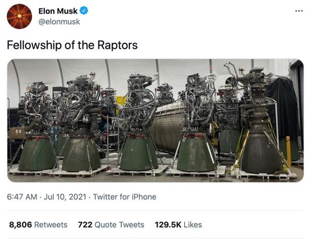 Двигатели Raptor, фото из твиттера Илона Маска / ©SpaceX