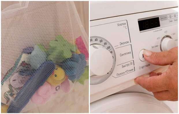 Сложите игрушки в сетчатый мешок и отправьте в стиральную машину