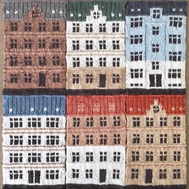 Плед спицами с домами, как в столице Дании в Копенгагене