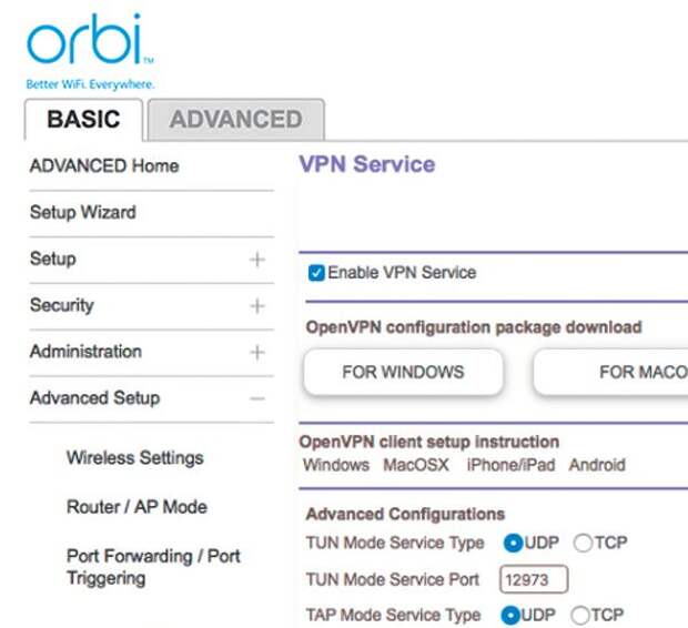 Прошивка Orbi основывается на полноценном программном обес­печении для роутера Netgear и предоставляет такие продвинутые функции как внешний доступ по VPN к домашней сети