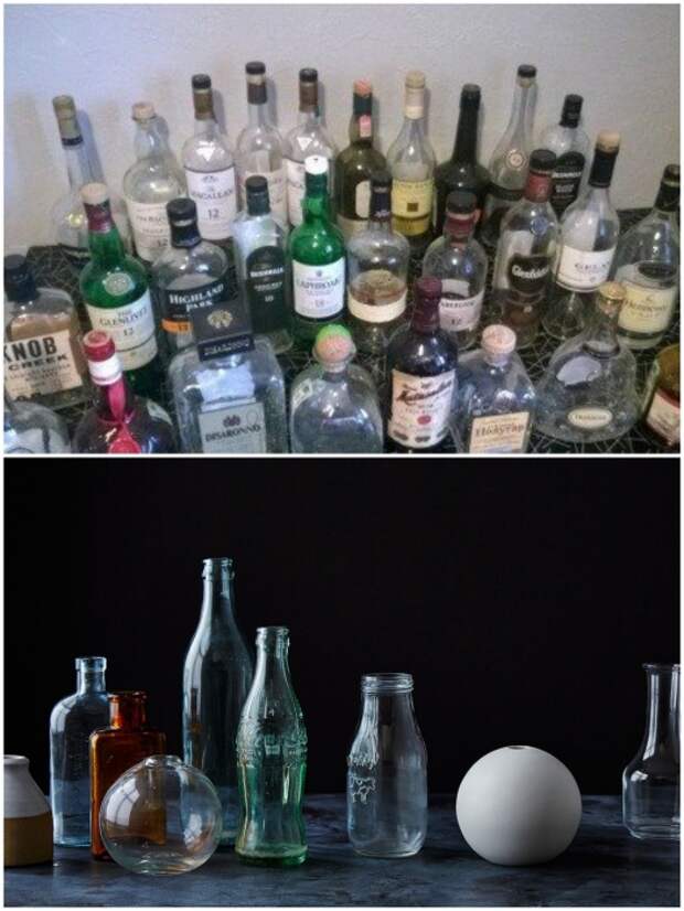 Несмотря на то, что в этих бутылках был когда-то элитный алкоголь или форма очень уж понравилась, лучше избавьтесь от лишнего хлама сразу. | Фото: festima.ru/ roomble.com.