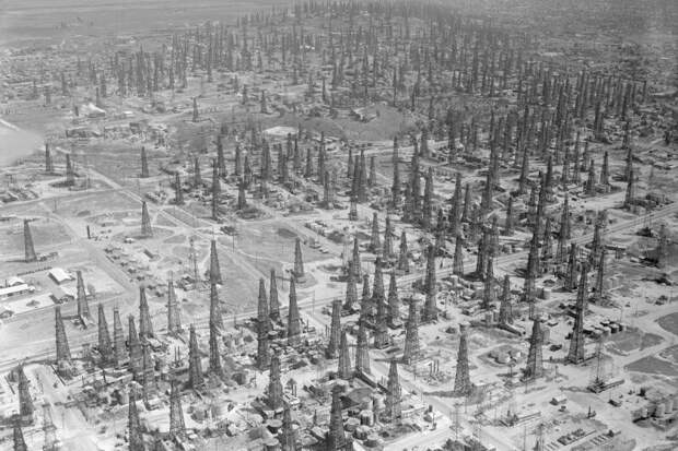Лес нефтяных вышек на месторождении Сигнал-Хилл, Лонг-Бич, Калифорния, 1937 год.