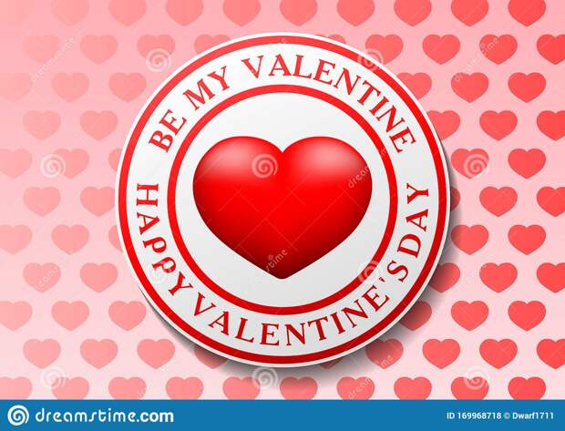 Be My Valentine and Happy Valentines Day text around red heart in ring on pink hearts background. Cute card, banner, flyer, poster, voucher or greeting card template. 
