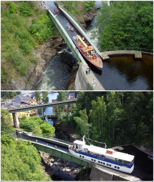 Благодаря стальному водному мосту, суда смогли проходить над Далсландским водопадом (Акведук Hаverud, Швеция).