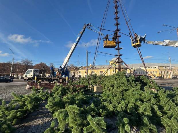 На площади Ленина в Рязани монтируют главную городскую ель
