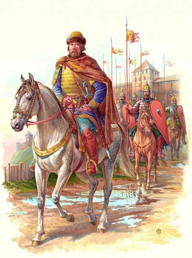 Русский князь с дружиной. Первая половина XI века. По материалам археологических находок Киева, Чернигова и Воронежской обл. Изображение: Воины эпохи Древней Руси X - XI веков на рисунках-реконструкциях Олега Федорова. Источник: https://topwar.ru/25740-russkie-druzhiny-v-boyu-chast-5.html