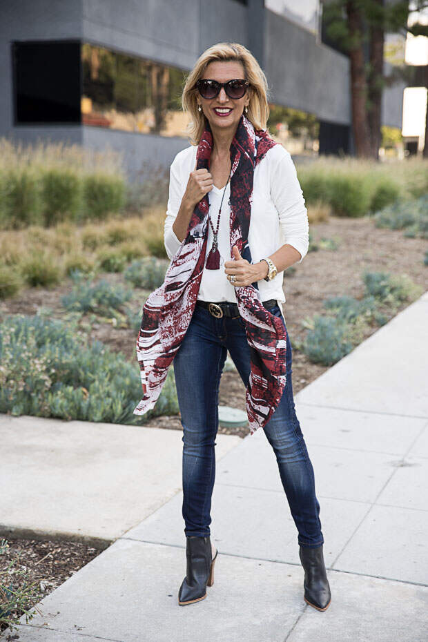 burgandy black and blue abstract print scarf and shawl jacket society