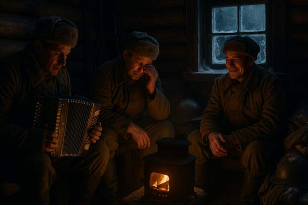 Зима, фронт под Ржевом. Землянка, стены из брёвен, узкое окошко затянуто инеем. Внутри трое выживших солдат сидят вокруг печурки. Один играет на гармошке, другой утирает слёзы, третий смотрит в огонь и улыбается сквозь усталость.