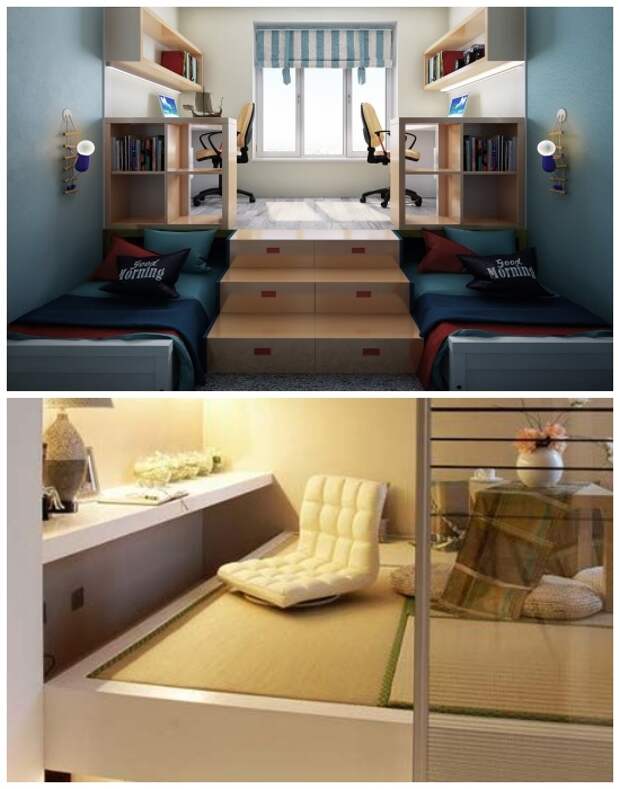 Совмещенный рабочий кабинет и спальня с помощью правильной организации подиума.