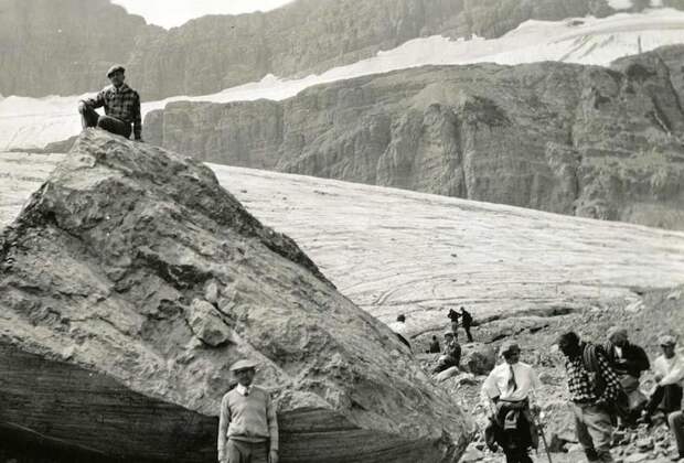 Ecologist Morton J. Elrod used this boulder to measure the terminus of Grinnell Glacier in 1926. Now, no ice is visible from the rock. 