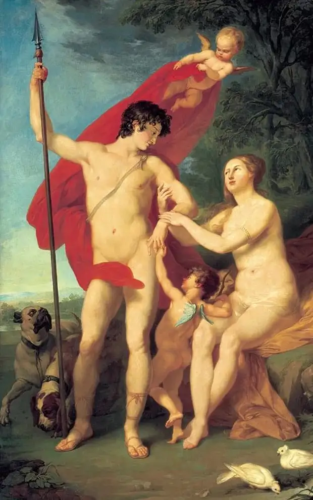 Петр Соколов. Венера и Адонис. 1782. Дама сидит и прикрывает грудь рукой, чтобы скрыть анатомические неточности