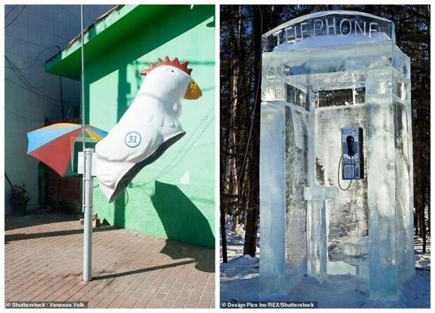 Будка-курица (Бразилия). Будка изо льда для чемпионата мира по ледовому искусству 2011 года (Фэрбенкс, Аляска, США) бывает и такое, городские пейзажи, необычные вещи, общественные места, проекты, телефонная будка, телефонные будки, урбанистика