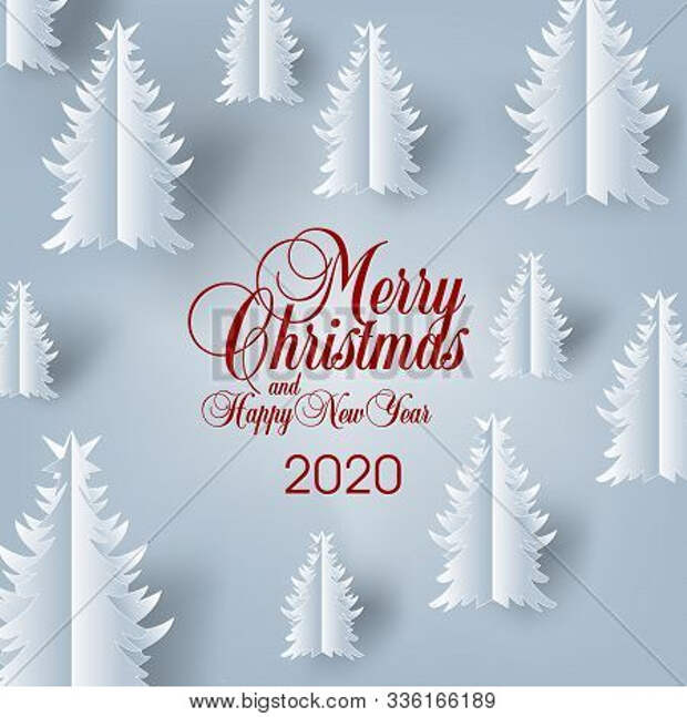 Square vector banner or social media post template with Merry Christmas and Happy New Year calligraphic lettering with paper christmas trees on gray blue background. 