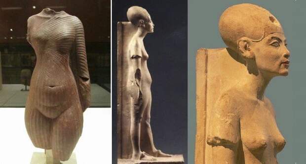 А вот перед вами сама царица Нефертити и, да, она одета! «Торс юной Нефертити» и «Нефертити в возрасте». Амарна. XIV в. до н.э. древний египет, интересно, история
