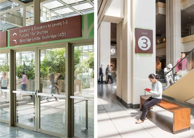 Interior wayfinding at the Washington State Convention Center points guests in the right direction.