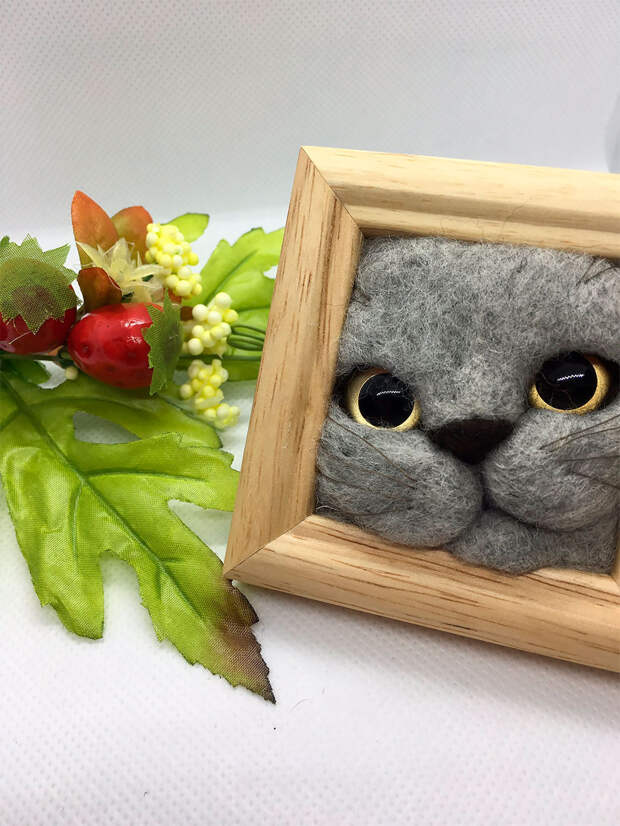 Кошачьи мордочки из шерсти, которые пытаются вылезти из рамки