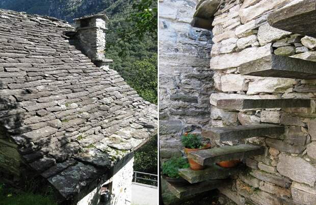 У домов каменные крыши и каменные ступени.