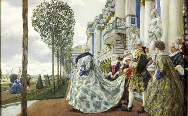На фото: картина «Императрица Елизавета Петровна в Царском селе». Евгений Лансере. 1905 г.