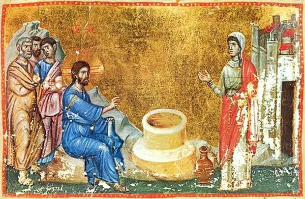 Христос и Самарянка (Иоанн 4: 4 - 27). Миниатюра из Евангелия, XIII в. Пергамент