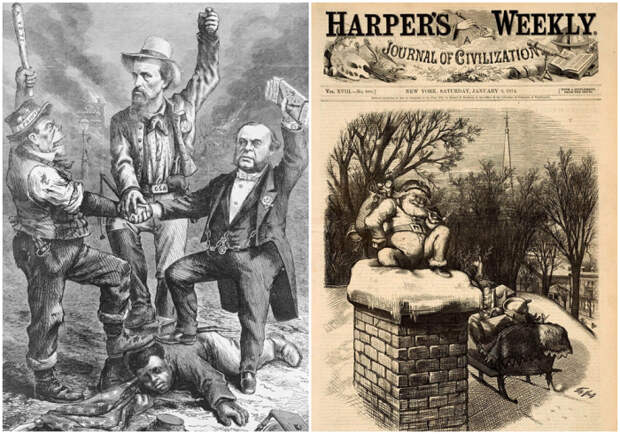 Слева направо: Комментарий к Законам о реконструкции, Томас Наст, 1868 год. \ Канун Рождества – Санта-Клаус ждёт, когда дети лягут спать, Томас Наст, Harpers Weekly, 3 января 1874 год.