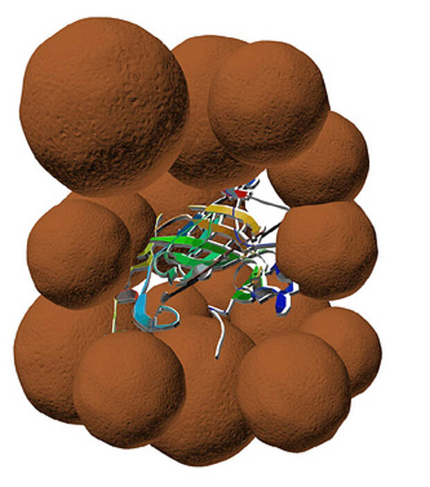 Схематичное изображение наночастицы тромболитического средства. Фермент, окруженный магнетитовым каркасом