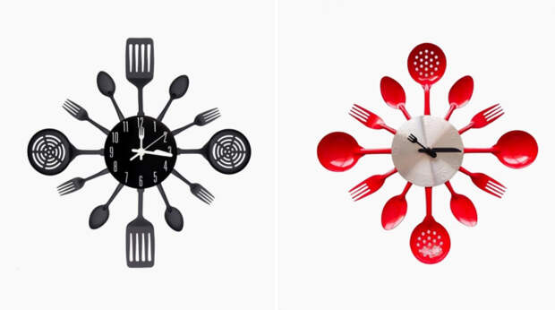 Необычные настенные кухонные часы из различных столовых приборов со стрелками в виде ножа и вилки.